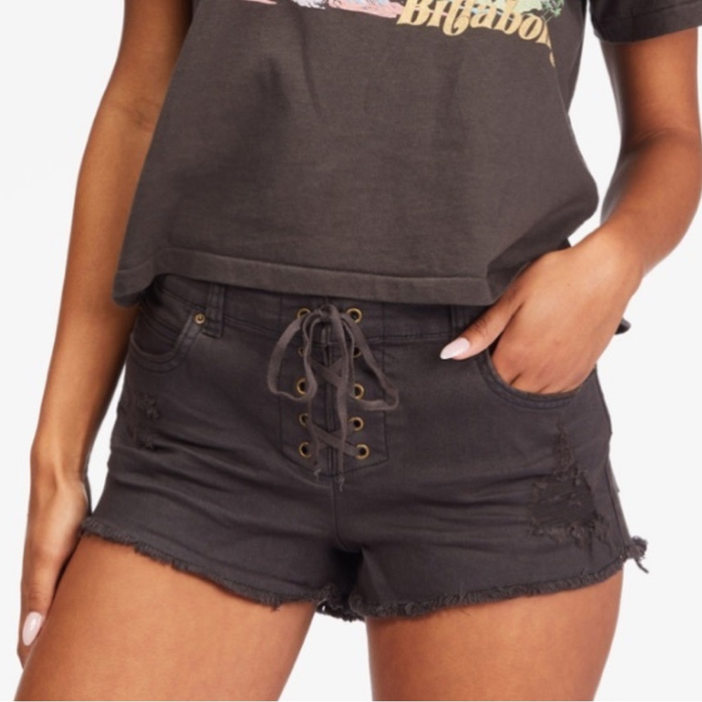 Billabong Black Jean Shorts with Distressed Lace-Up Design - Picture 2 of 8